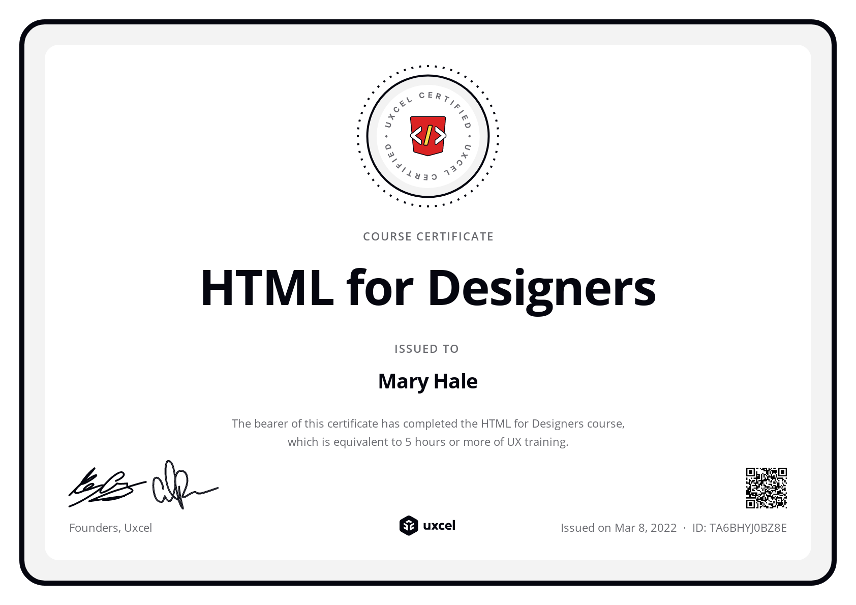 Mary Hale's certificate